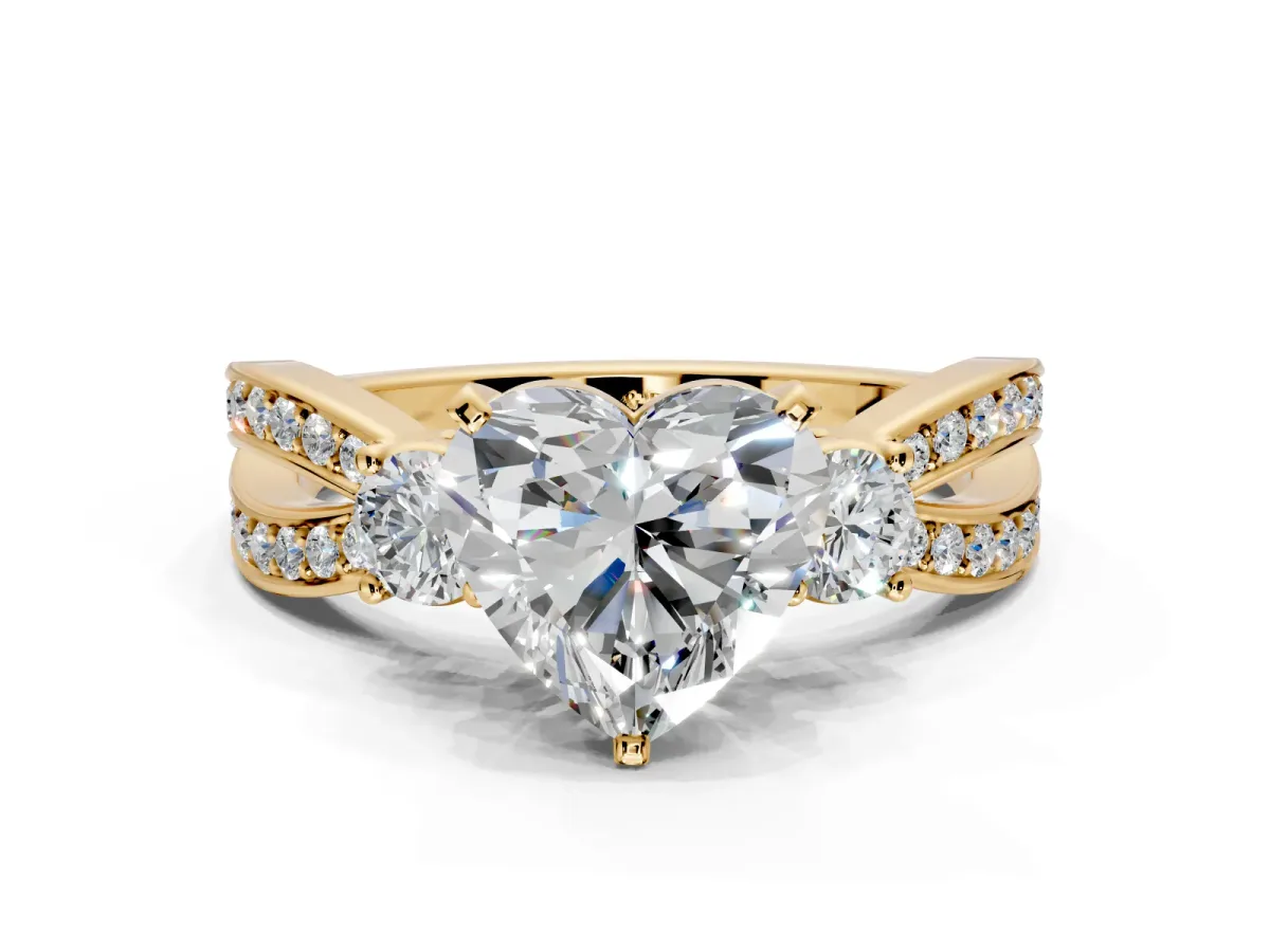 3 Stone Engagement Ring Setting for Heart-Shaped Center with Pave Twist Band and Prong Head in Yellow Gold