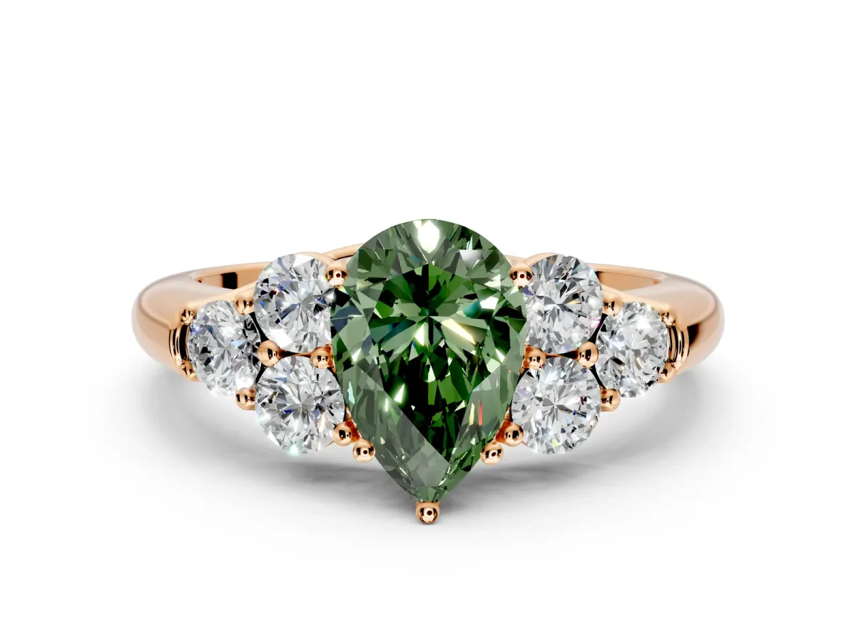 Cluster Engagement Ring Setting for Fancy Green Pear-Shaped Center with Round Cut Accent Frame and Prong Head in Rose Gold