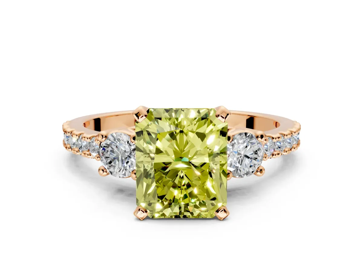 3 Stone Engagement Ring Setting for Fancy Yellow Radiant Cut Center with Round Cut Side Accents and Prong Head in Rose Gold