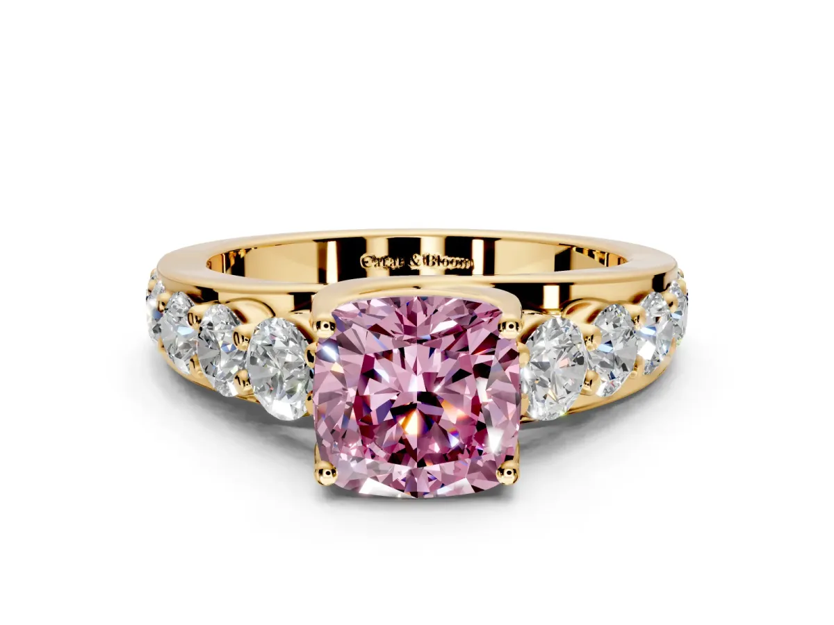 Solitaire Engagement Ring Setting for Fancy Pink Cushion Cut Center with Graduated Shared Prongs and Prong Head in Yellow Gold