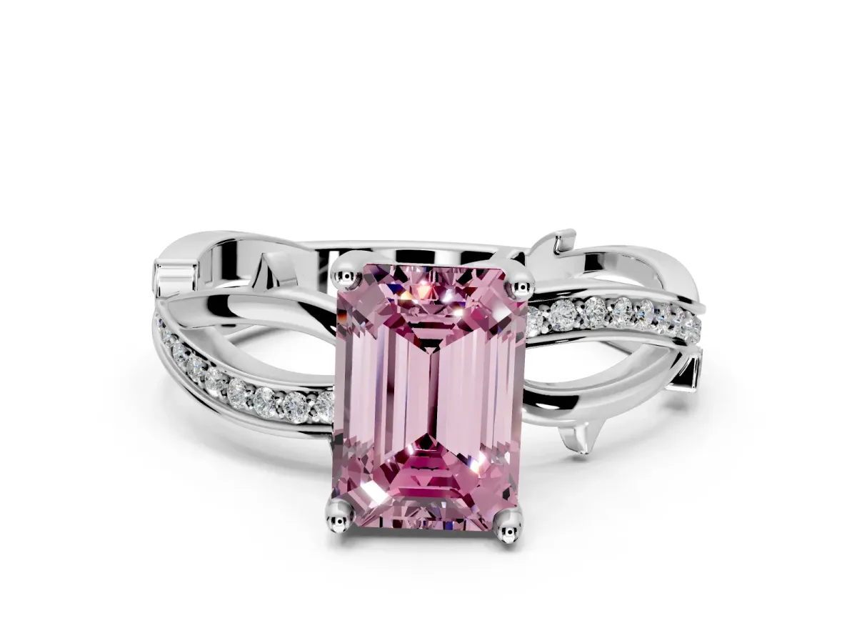 Solitaire Engagement Ring Setting for Fancy Pink Emerald Cut Center with Pave and Plain Crossover Band and Prong Head in White Gold