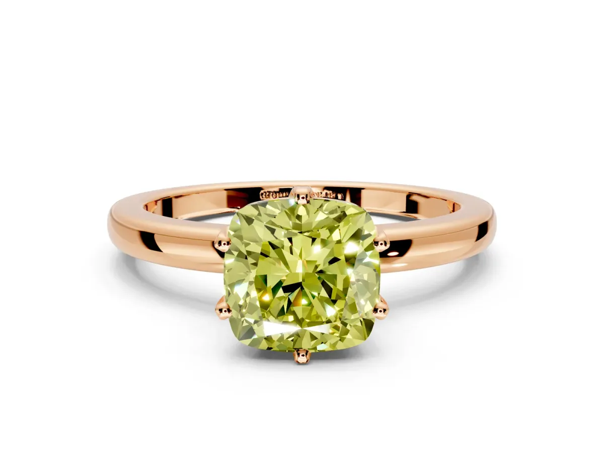 Solitaire Engagement Ring Setting for Fancy Yellow Cushion Cut Center with Plain Band and Tulip Prong Head in Rose Gold