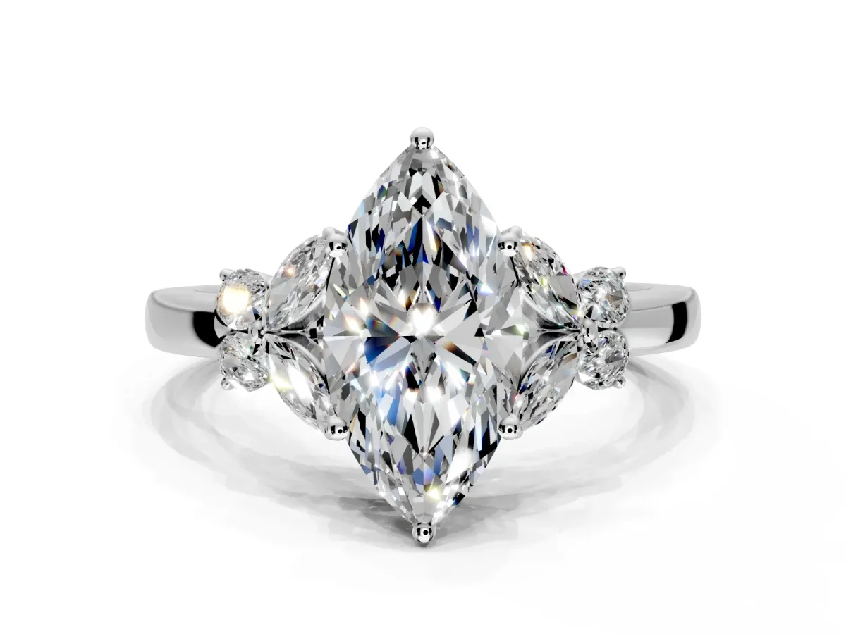 Solitaire Engagement Ring Setting for Marquise Center with Marquise Flower Shoulders and Prong Head in Sterling Silver