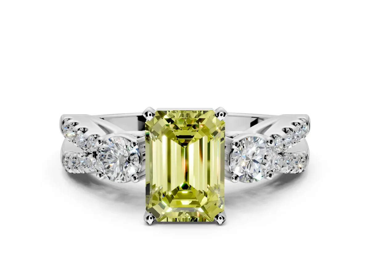 3 Stone Engagement Ring Setting for Fancy Yellow Emerald Cut Center with Pave Split Shank and Prong Head in Platinum