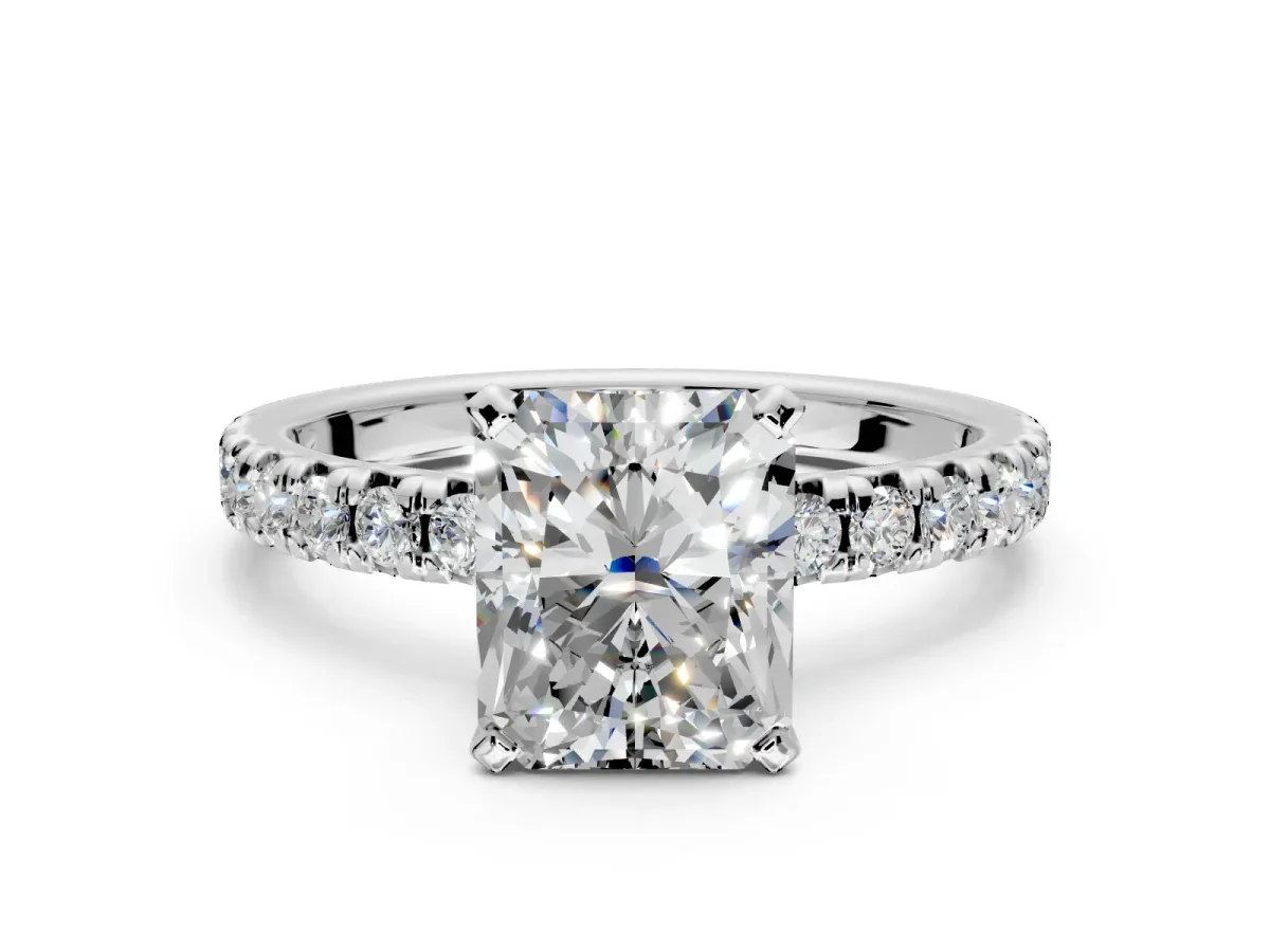Solitaire Engagement Ring Setting for Radiant Cut Center with Large Accents and Prong Head in White Gold