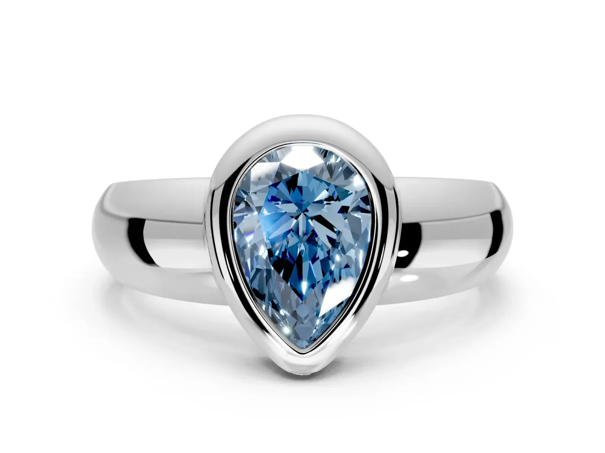 Solitaire Engagement Ring Setting for Fancy Blue Pear-Shaped Center with Wide Band and Bezel Head in Sterling Silver