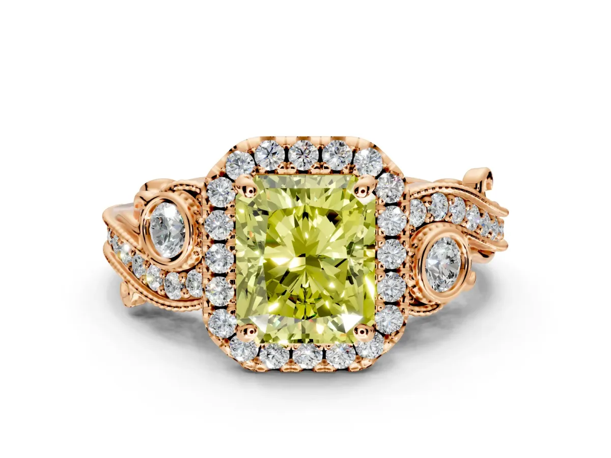 Milgrain Halo Engagement Ring Setting for Fancy Yellow Radiant Cut Center with Shoulder Bezels and Prong Head in Rose Gold