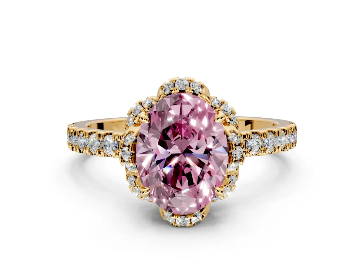 Halo Engagement Ring Setting for Fancy Pink Oval Center with Openwork Halo, Pave Band and Prong Head in Yellow Gold