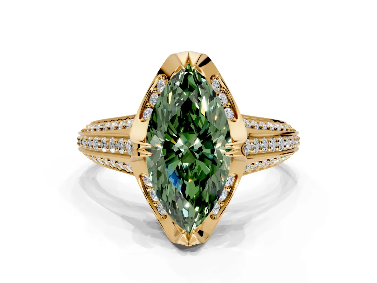 Solitaire Engagement Ring Setting for Fancy Green Marquise Center with Accented Split Shank and Prong Head in Yellow Gold