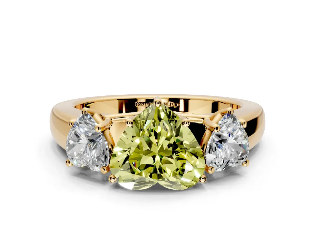 3 Stone Engagement Ring Setting for Fancy Yellow Heart-Shaped Center with Raised Basket Heads and Prong Head in Yellow Gold