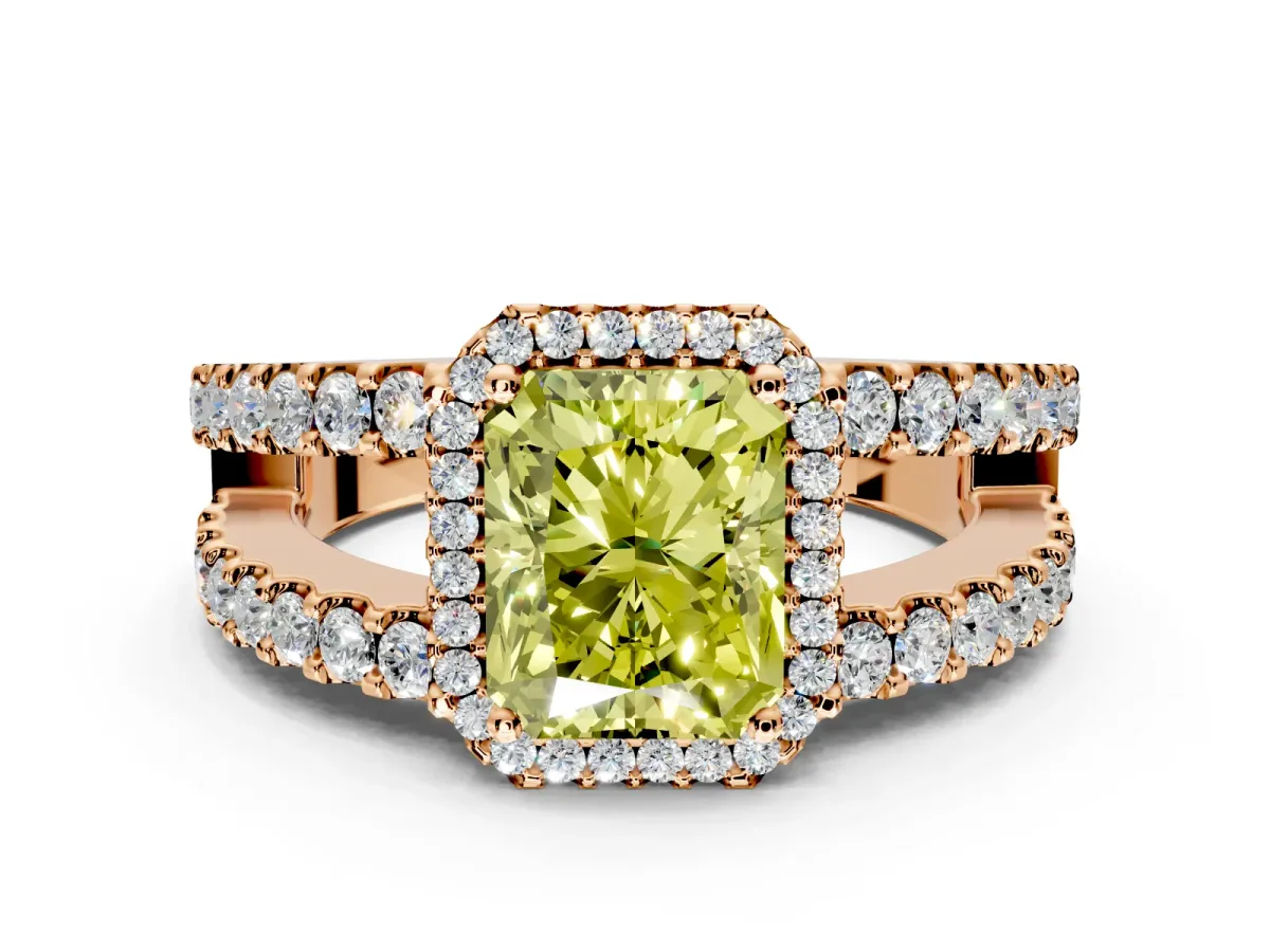 Halo Engagement Ring Setting for Fancy Yellow Radiant Cut Center with Wide-Open Pave Split Shank and Prong Head in Rose Gold
