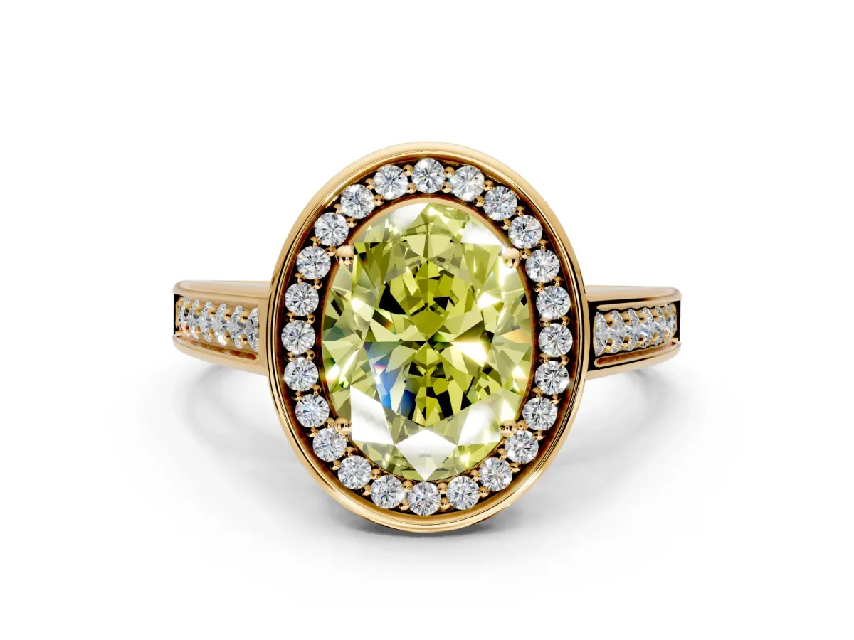 Halo Engagement Ring Setting for Fancy Yellow Oval Center with Outer Bezel Rim, Pave Band and Prong Head in Yellow Gold