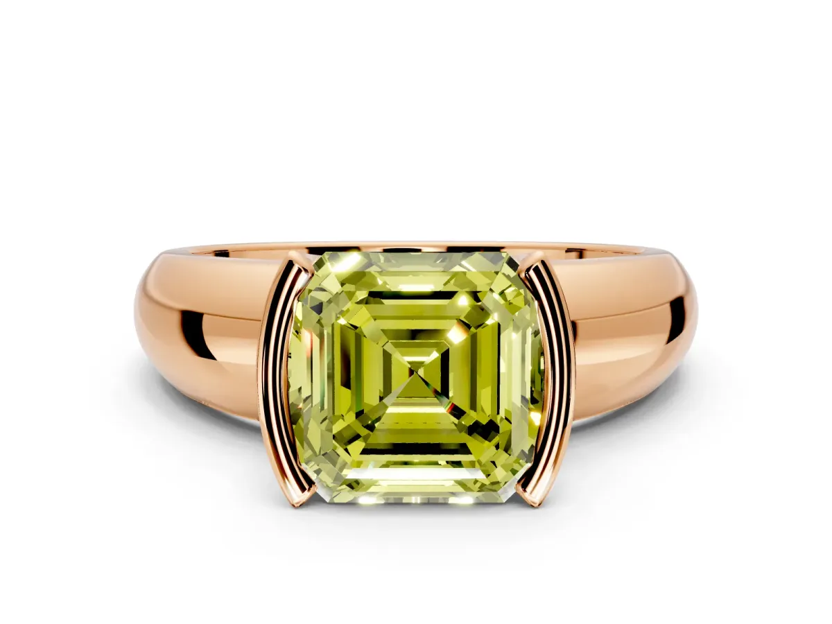 Tension Engagement Ring Setting for Fancy Yellow Asscher Cut Center with Wide Flat Band and Tension Head in Rose Gold