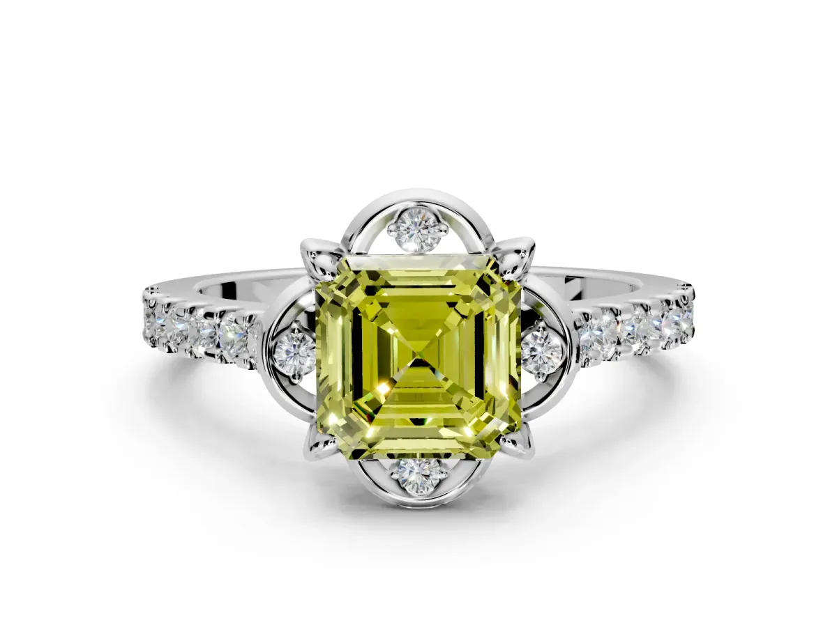 Floral Engagement Ring Setting for Fancy Yellow Asscher Cut Center with Pave Band and Floral Prong Head in Sterling Silver