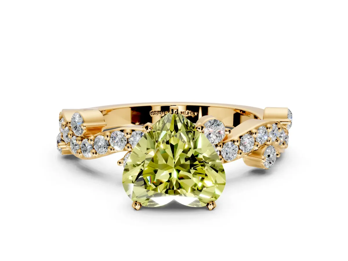 Solitaire Engagement Ring Setting for Fancy Yellow Heart-Shaped Center with Bar-Station Pave Twist and Prong Head in Yellow Gold