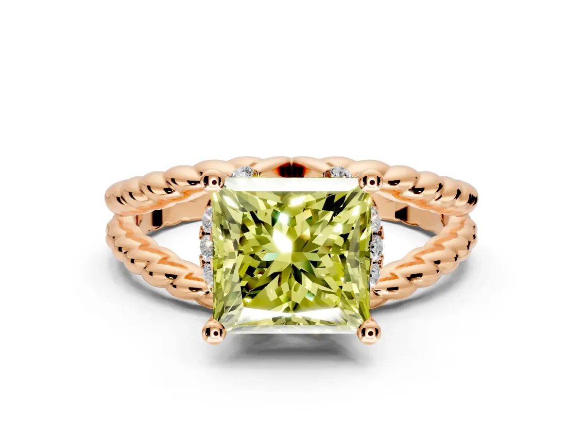 Halo Engagement Ring Setting for Fancy Yellow Princess Cut Center with Rope Twist Split Shank and Prong Head in Rose Gold