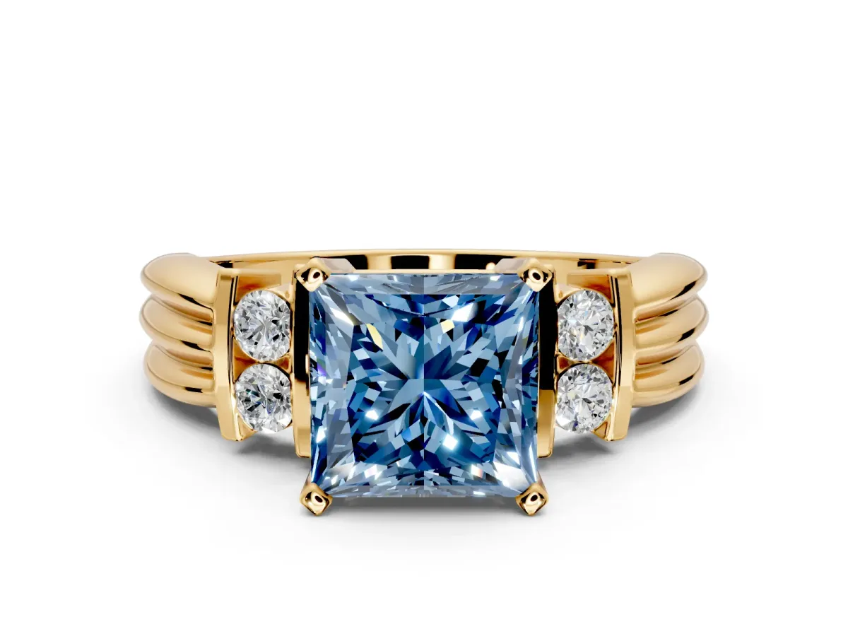 Solitaire Engagement Ring Setting for Fancy Blue Princess Cut Center with Grooved Bar Accent Band and Prong Head in Yellow Gold