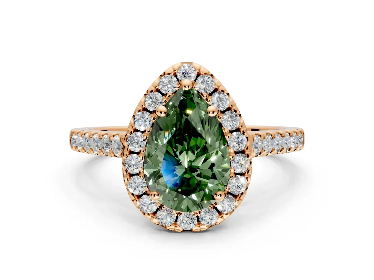 Halo Engagement Ring Setting for Fancy Green Pear-Shaped Center with Raised Halo, Pave Band and Prong Head in Rose Gold