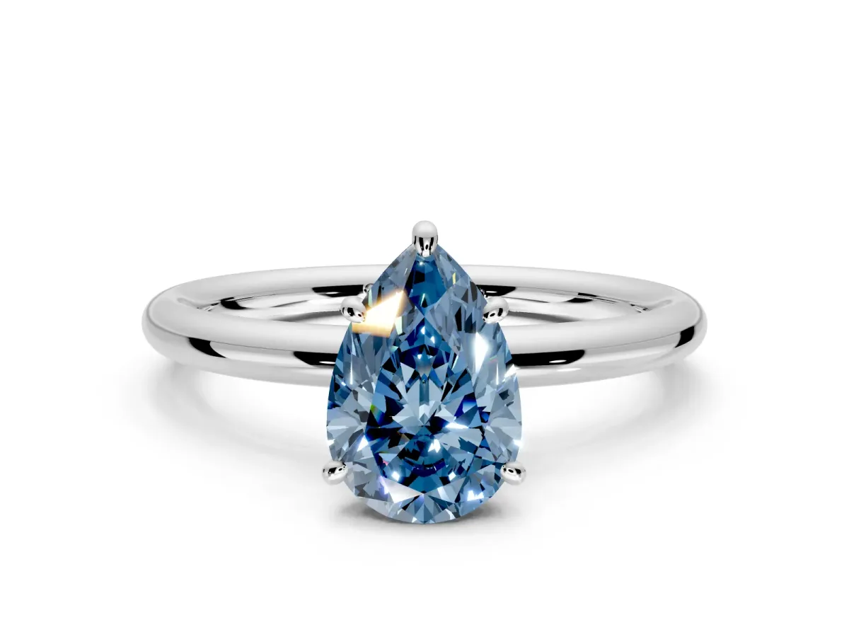 Low-Set Solitaire Engagement Ring Setting for Fancy Blue Pear-Shaped Center with Thin Plain Band and Prong Head in Sterling Silver