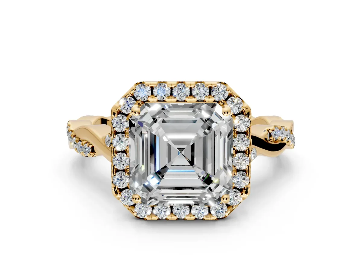 Halo Engagement Ring Setting for Asscher Cut Center with Twist Band and Prong Head in Yellow Gold