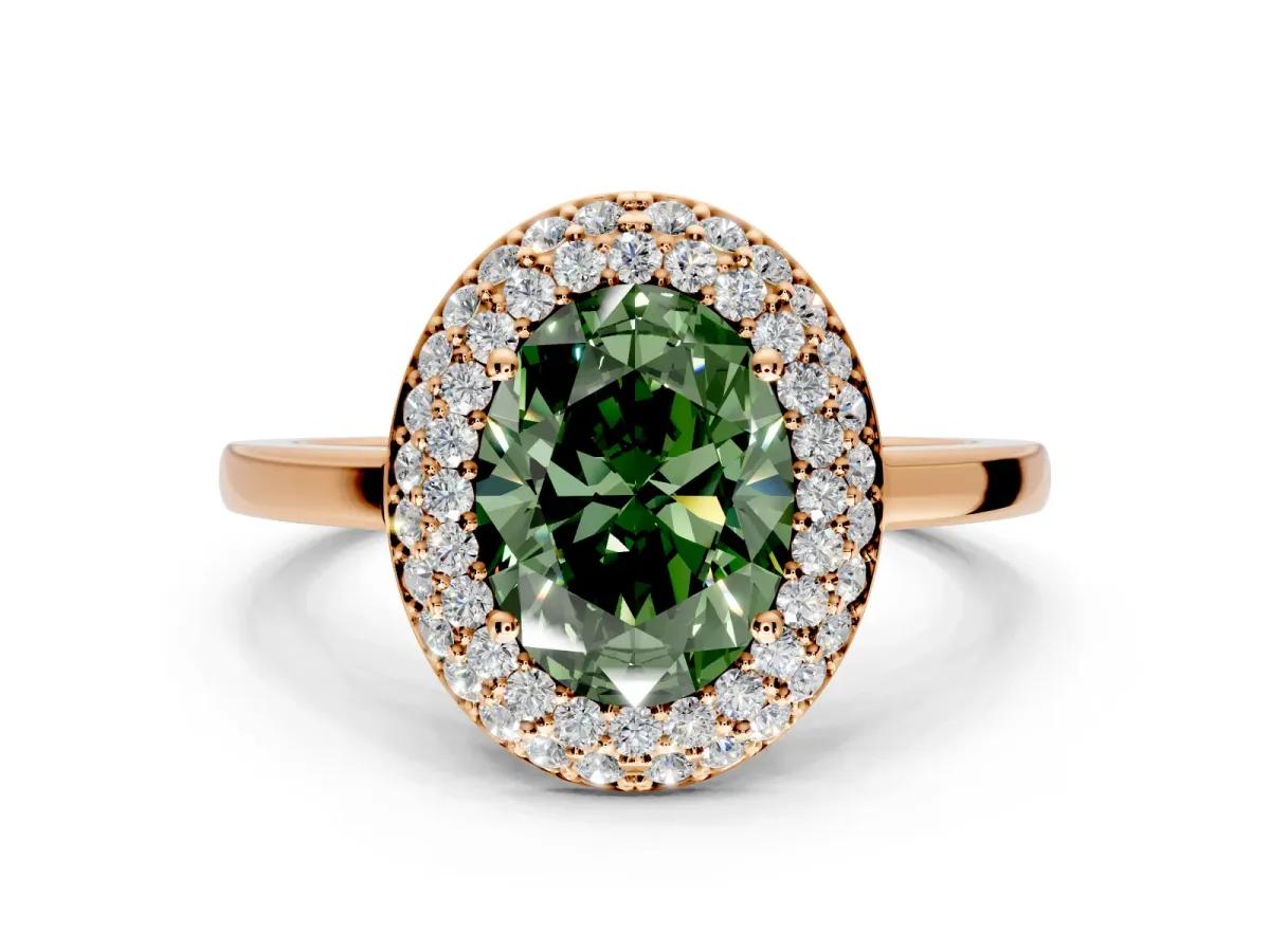 Halo Engagement Ring Setting for Fancy Green Oval Center with Plain Tapered Band and Prong Head in Rose Gold