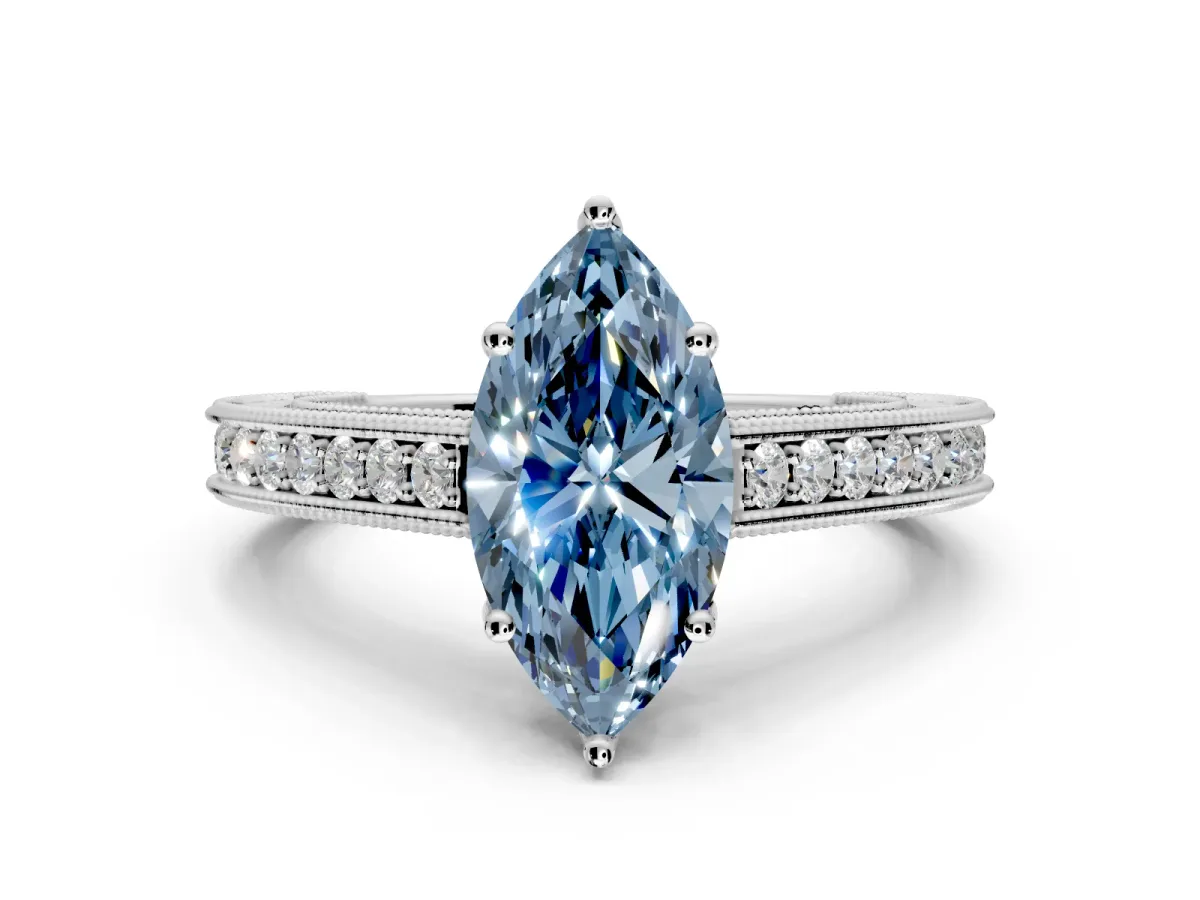 Solitaire Engagement Ring Setting for Fancy Blue Marquise Center with Engraved Pave Band and Prong Head in White Gold