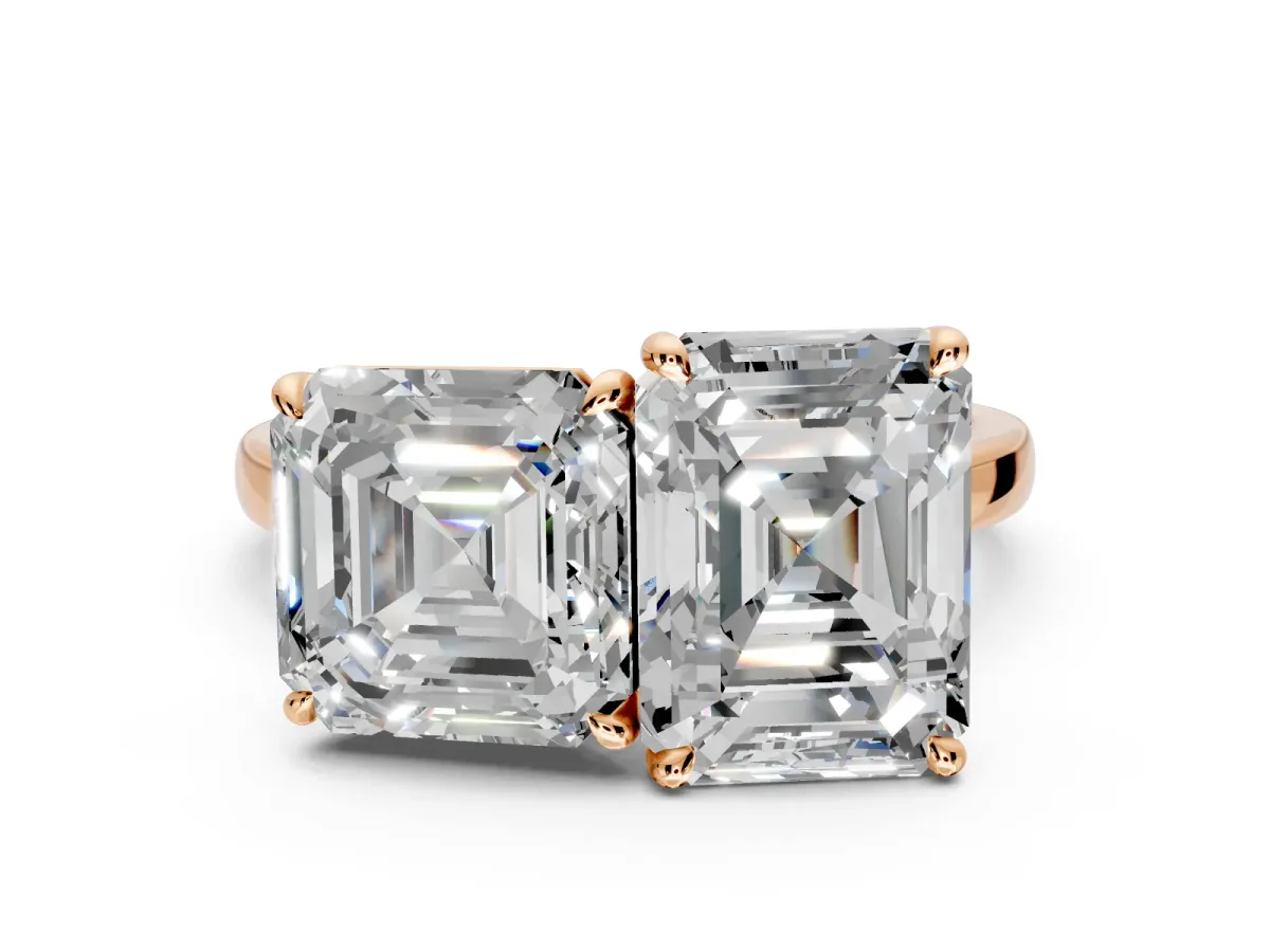 Asscher Cut and Emerald Cut Lab-Grown Diamond Toi et Moi Engagement Ring with Prong-Set Stones in Rose Gold