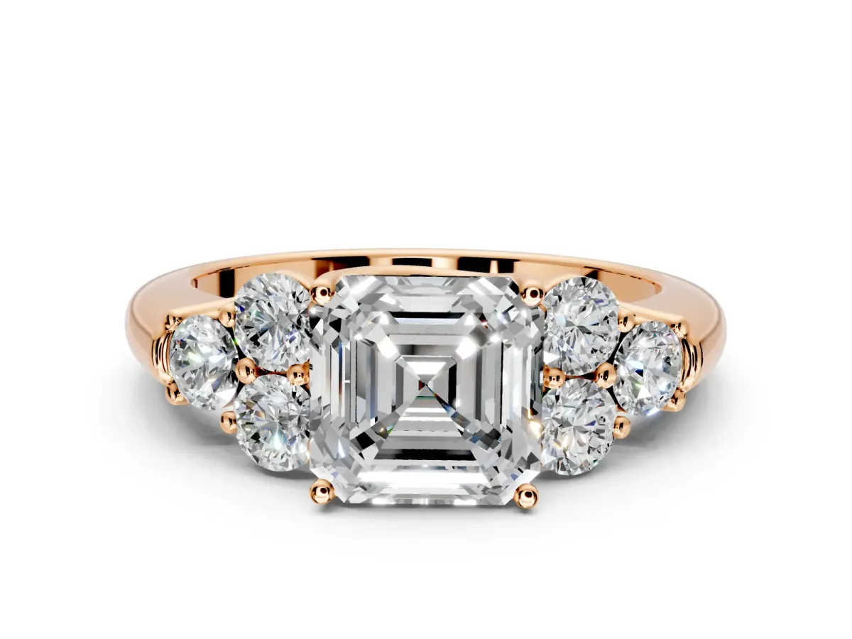 Cluster Engagement Ring Setting for Asscher Cut Center with Round Cut Accent Frame and Prong Head in Rose Gold