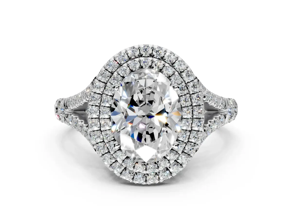 Double Halo Engagement Ring Setting for Oval Center with Narrow Pave Split Shank and Prong Head in Platinum