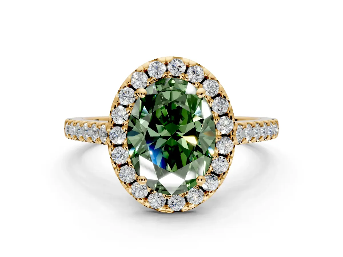 Halo Engagement Ring Setting for Fancy Green Oval Center with Raised Halo, Pave Band and Prong Head in Yellow Gold