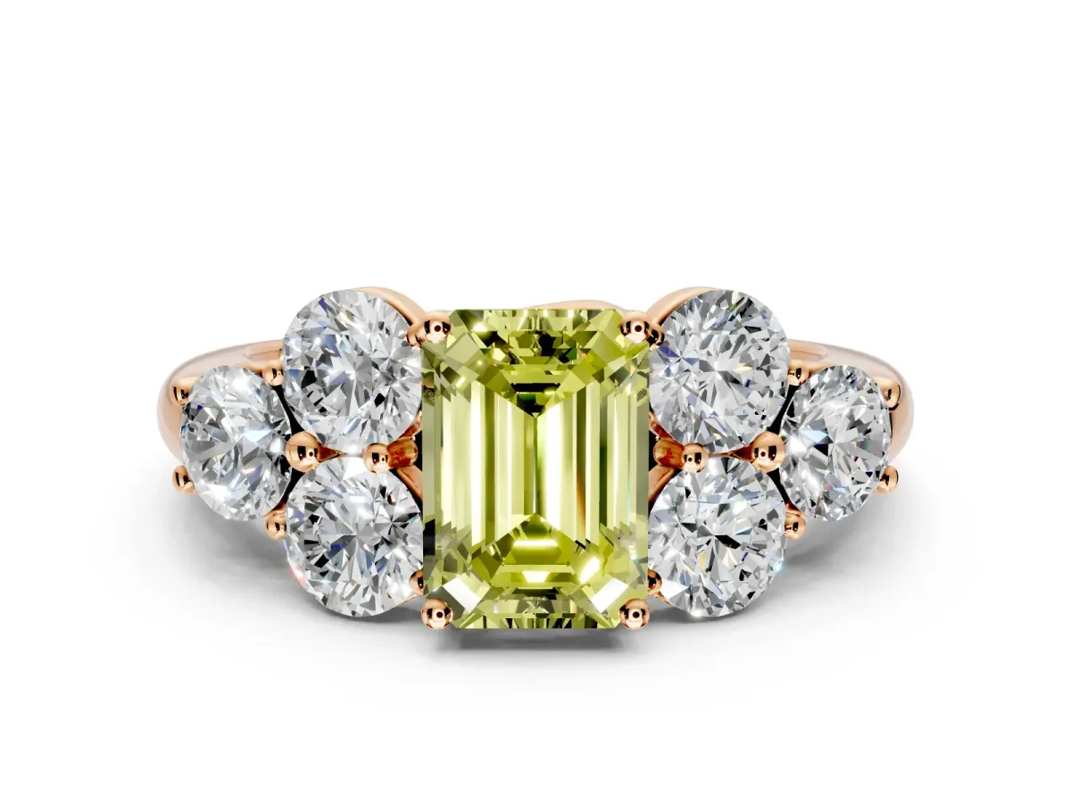 Cluster Engagement Ring Setting for Fancy Yellow Emerald Cut Center with Round Cut Accent Frame and Prong Head in Rose Gold