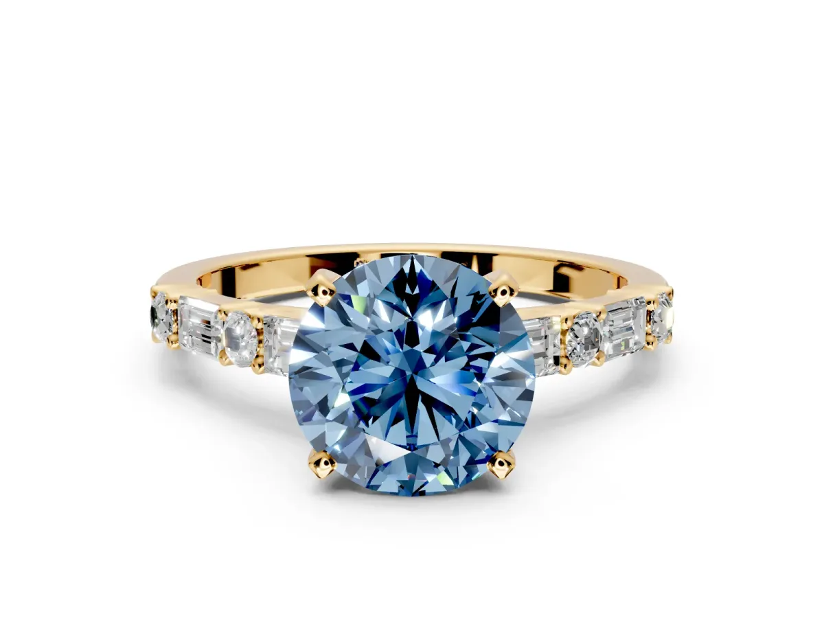 Baguette Engagement Ring Setting for Fancy Blue Round Cut Center with Alternating Bar-Set Band and Prong Head in Yellow Gold