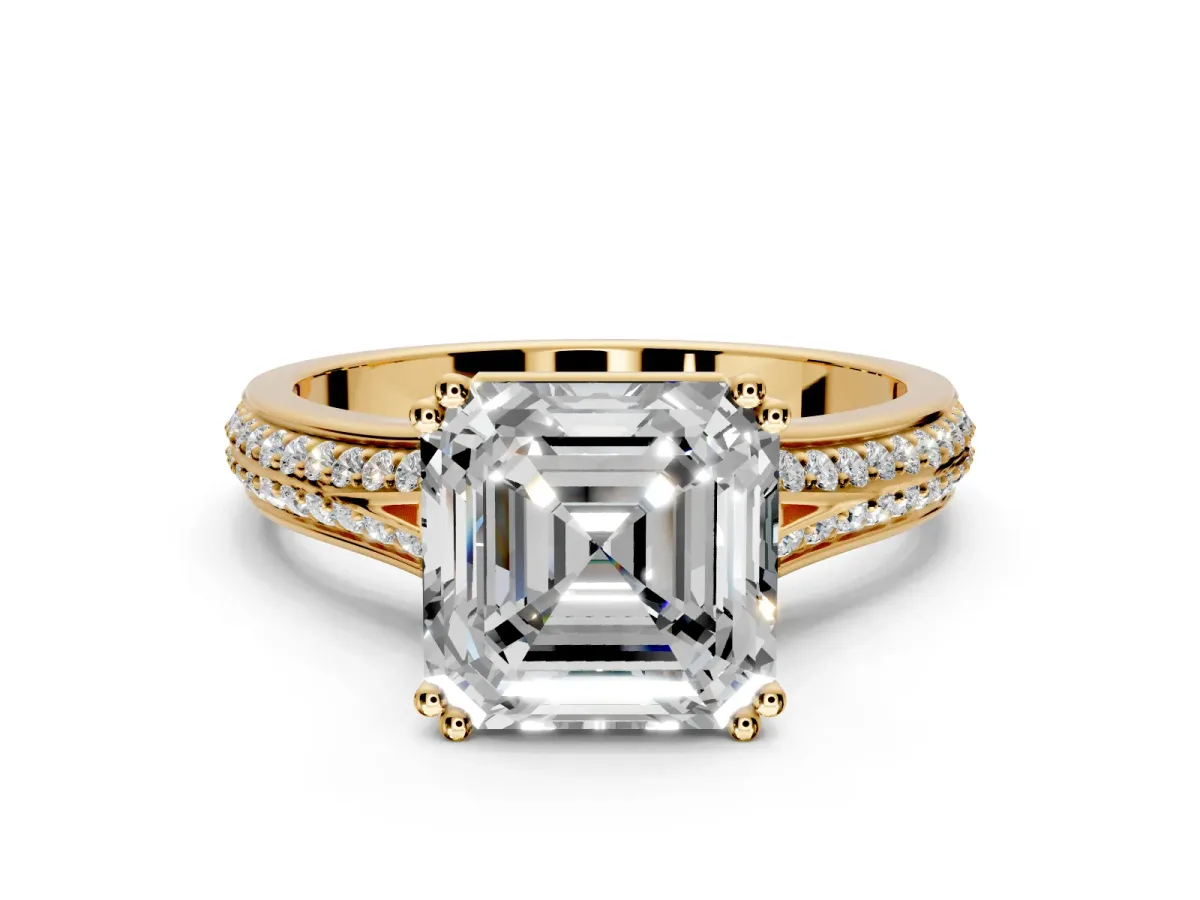 Solitaire Engagement Ring Setting for Asscher Cut Center with Pave Rail Split Shank and Prong Head in Yellow Gold