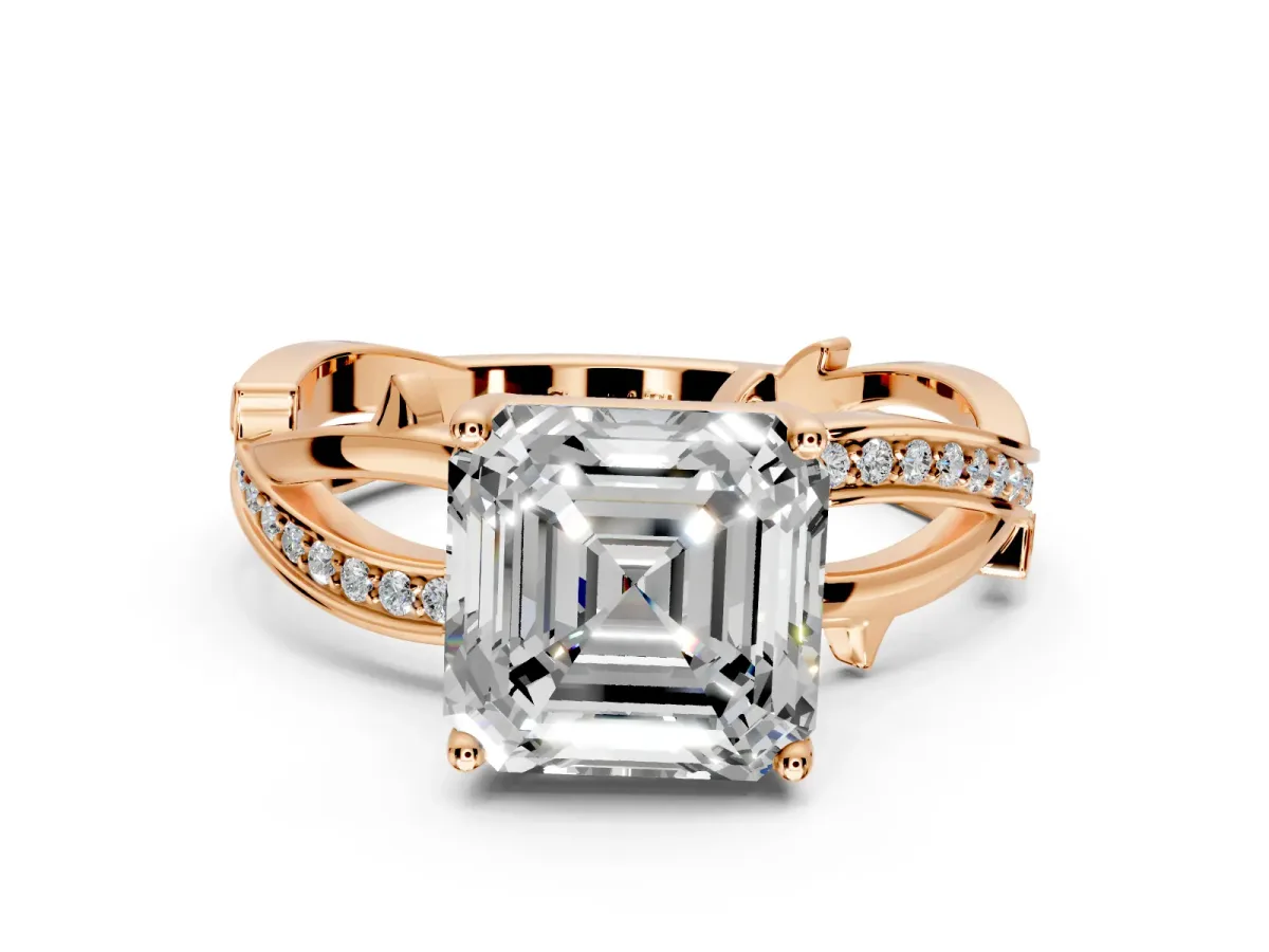 Solitaire Engagement Ring Setting for Asscher Cut Center with Pave and Plain Crossover Band and Prong Head in Rose Gold