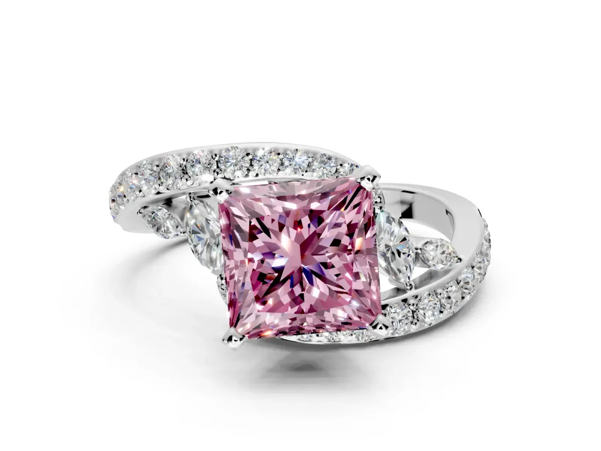 Solitaire Engagement Ring Setting for Fancy Pink Princess Cut Center with Pave Bypass Twist Band and Prong Head in White Gold