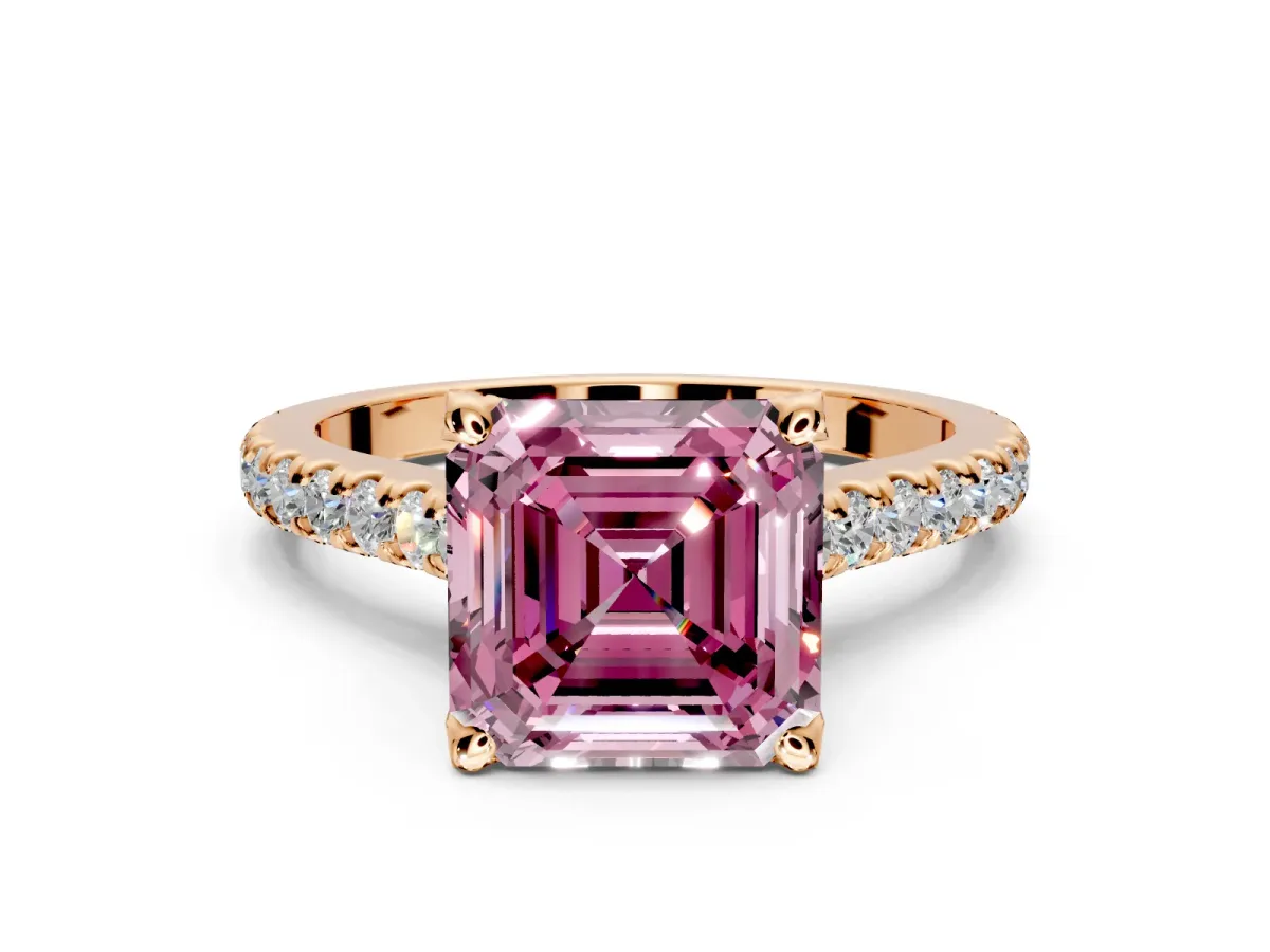 Solitaire Engagement Ring Setting for Fancy Pink Asscher Cut Center with Widening Pave Band and Claw Prong Head in Rose Gold