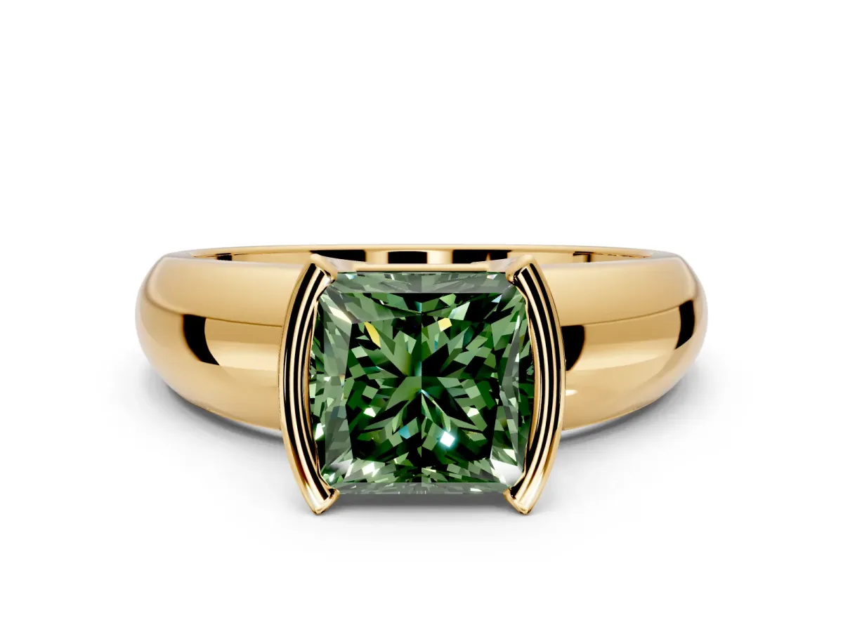 Tension Engagement Ring Setting for Fancy Green Princess Cut Center with Wide Flat Band and Tension Head in Yellow Gold