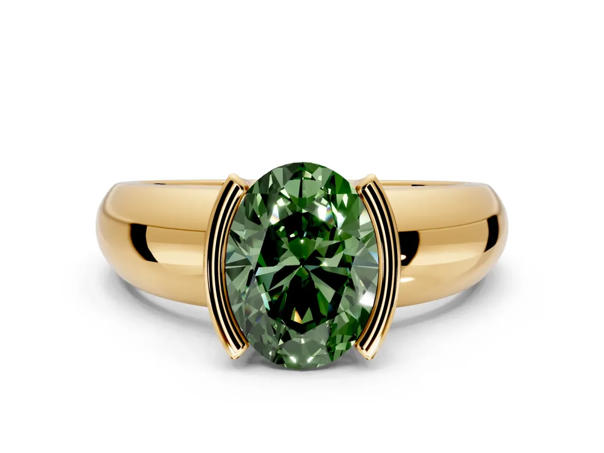 Tension Engagement Ring Setting for Fancy Green Oval Center with Wide Flat Band and Tension Head in Yellow Gold