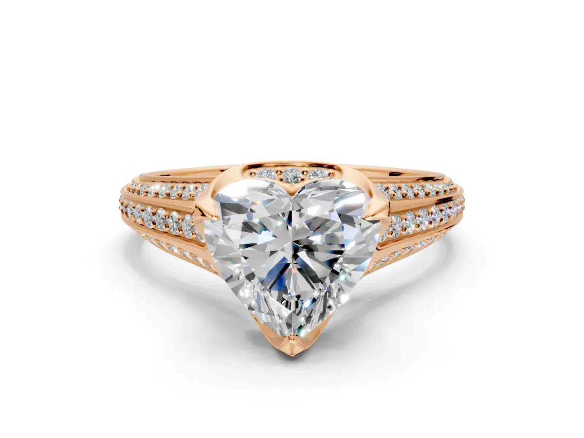 Solitaire Engagement Ring Setting for Heart-Shaped Center with Accented Split Shank and Prong Head in Rose Gold