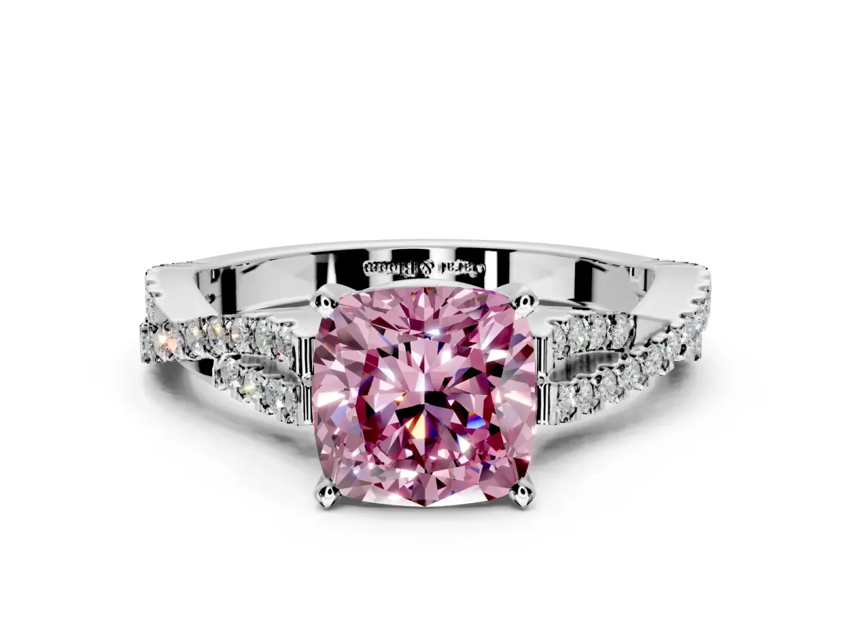Solitaire Engagement Ring Setting for Fancy Pink Cushion Cut Center with Twisted Pave Split Shank and Prong Head in Platinum