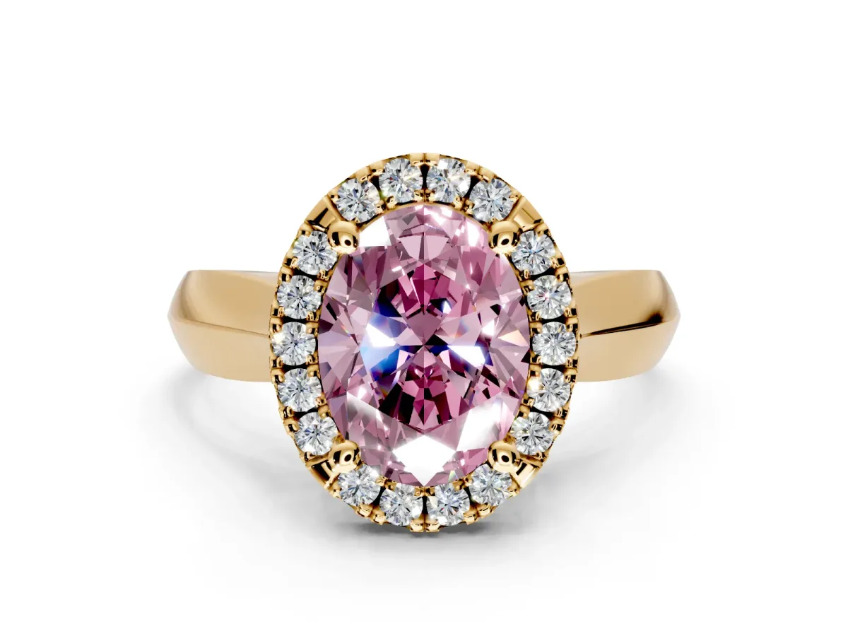 Halo Engagement Ring Setting for Fancy Pink Oval Center with Square Band and Prong Head in Yellow Gold