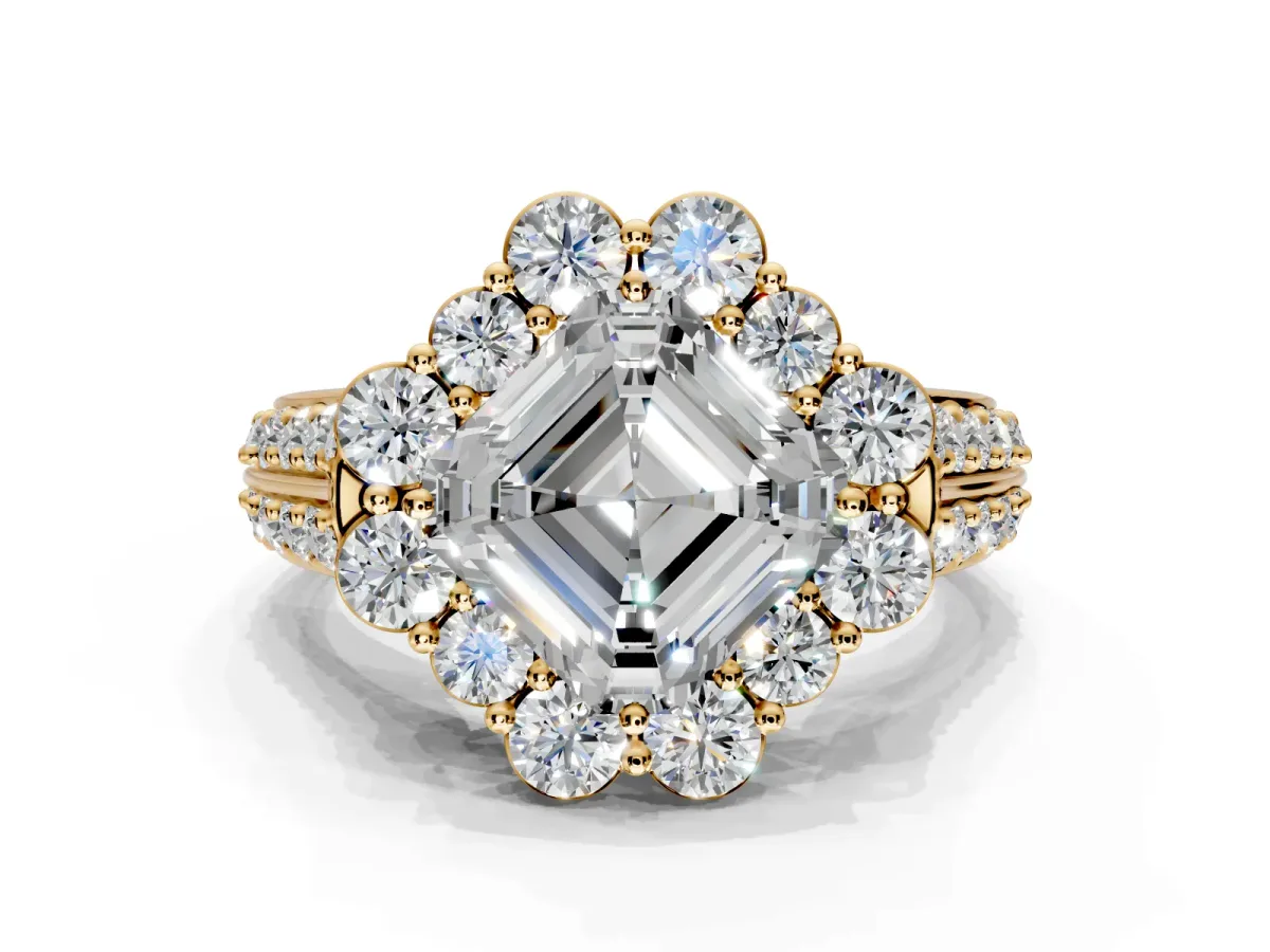 Large Accent Halo Engagement Ring Setting for Asscher Cut Center with Pave Split Shank and Prong Head in Yellow Gold