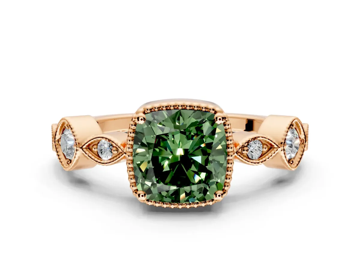 Vintage Station Engagement Ring Setting for Fancy Green Cushion Cut Center with Accents and Prong Head in Rose Gold