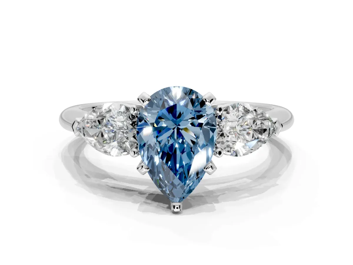 3 Stone Engagement Ring Setting for Fancy Blue Pear-Shaped Center with Large Pear-Shaped Accents and Prong Head in Sterling Silver