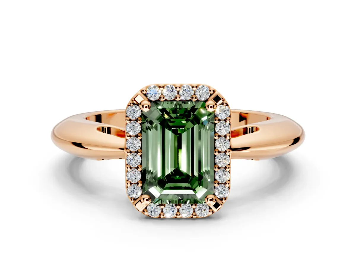Halo Engagement Ring Setting for Fancy Green Emerald Cut Center with Tapered Plain Band and Prong Head in Rose Gold