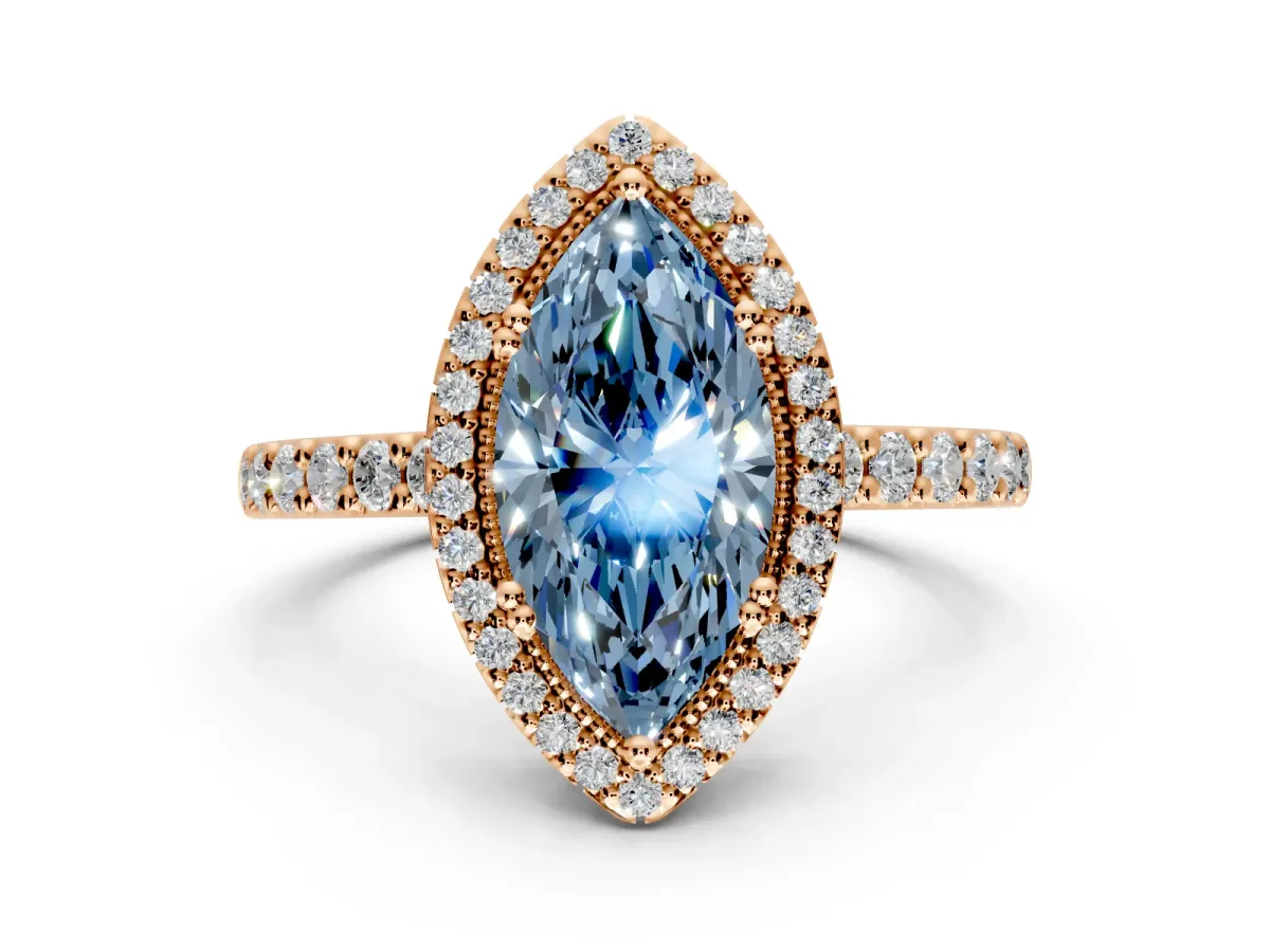 Halo Engagement Ring Setting for Fancy Blue Marquise Center with Inner Milgrain Border and Prong Head in Rose Gold