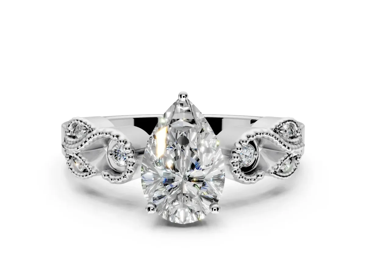 Leaf Engagement Ring Setting for Pear-Shaped Center with Milgrain Accent Band and Prong Head in Platinum