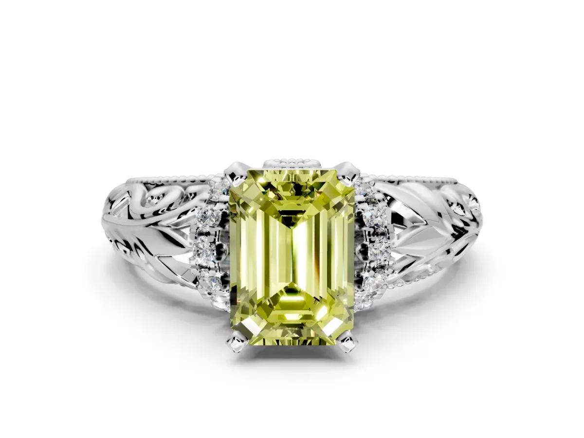 Solitaire Engagement Ring Setting for Fancy Yellow Emerald Cut Center with Filigree Accent Basket and Prong Head in Sterling Silver