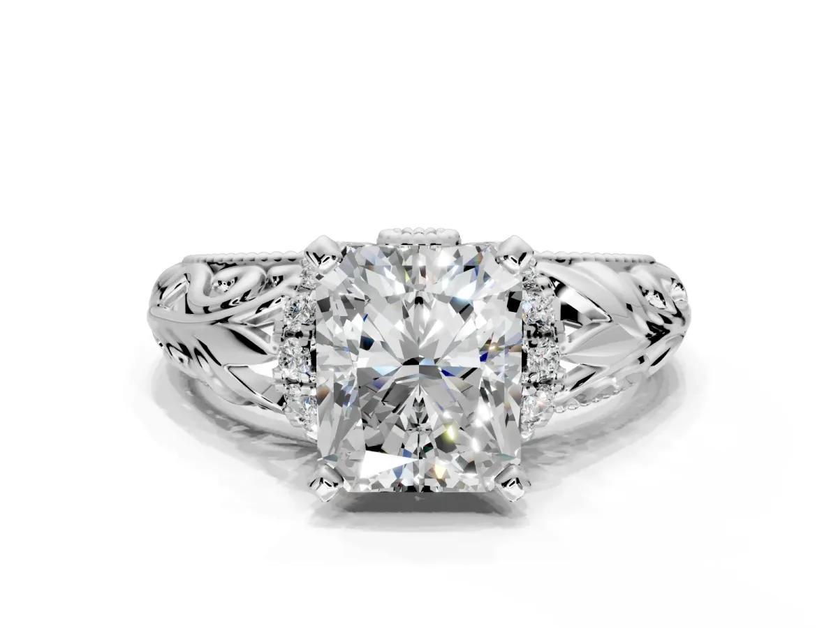 Solitaire Engagement Ring Setting for Radiant Cut Center with Filigree Accent Basket and Prong Head in Platinum