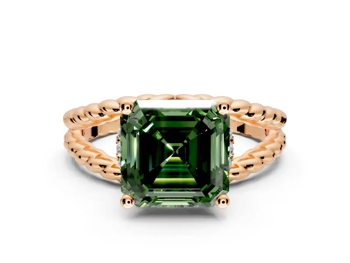 Halo Engagement Ring Setting for Fancy Green Asscher Cut Center with Rope Twist Split Shank and Prong Head in Rose Gold